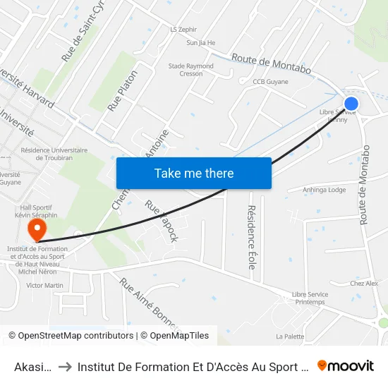 Akasia Fran to Institut De Formation Et D'Accès Au Sport De Haut Niveau Michel Néron map