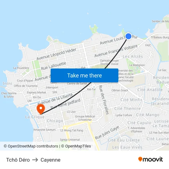 Tchô Déro to Cayenne map