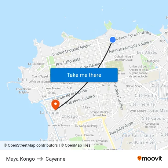 Maya Kongo to Cayenne map