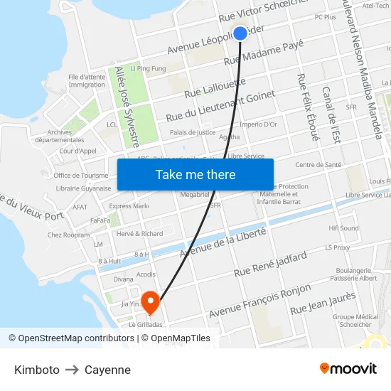 Kimboto to Cayenne map