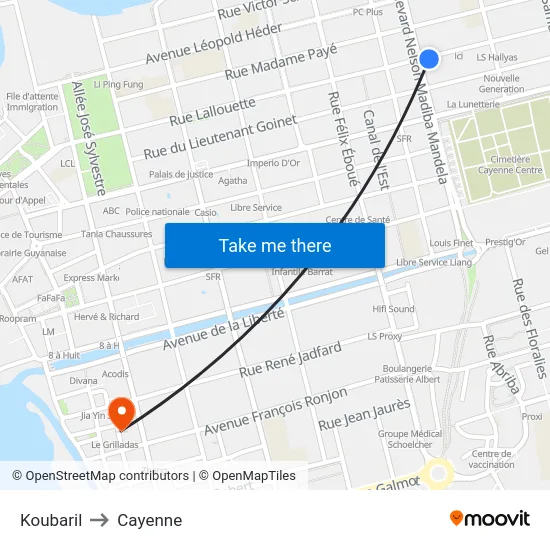 Koubaril to Cayenne map