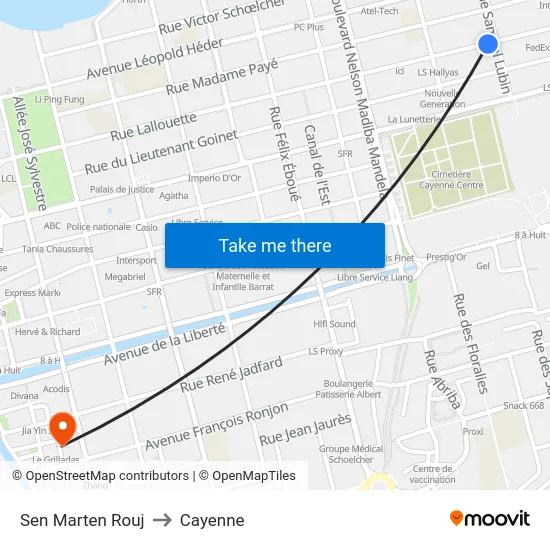 Sen Marten Rouj to Cayenne map