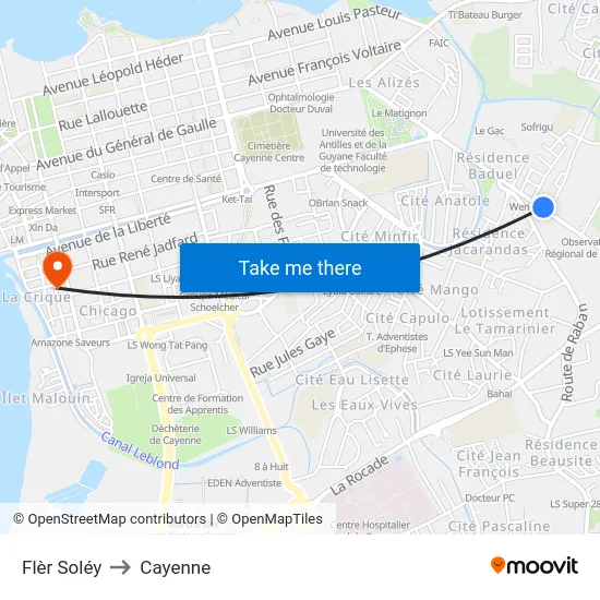 Flèr Soléy to Cayenne map