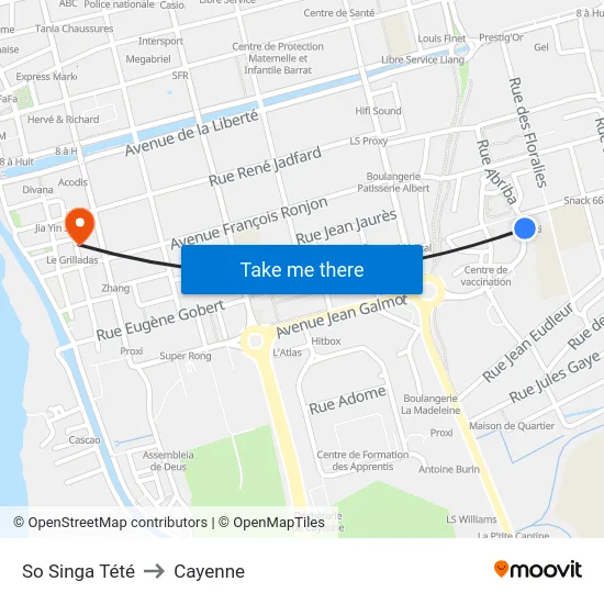 So Singa Tété to Cayenne map
