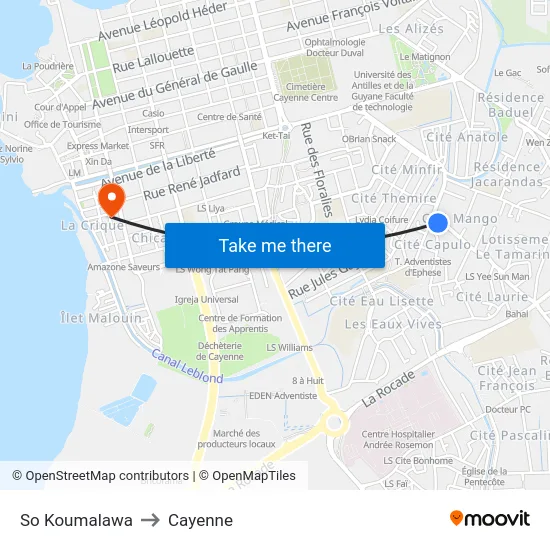So Koumalawa to Cayenne map
