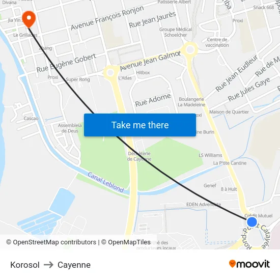 Korosol to Cayenne map
