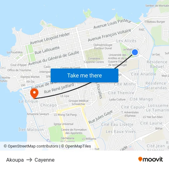 Akoupa to Cayenne map