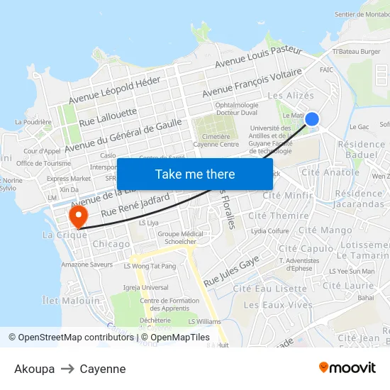 Akoupa to Cayenne map