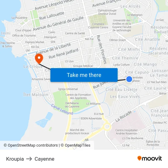 Kroupia to Cayenne map