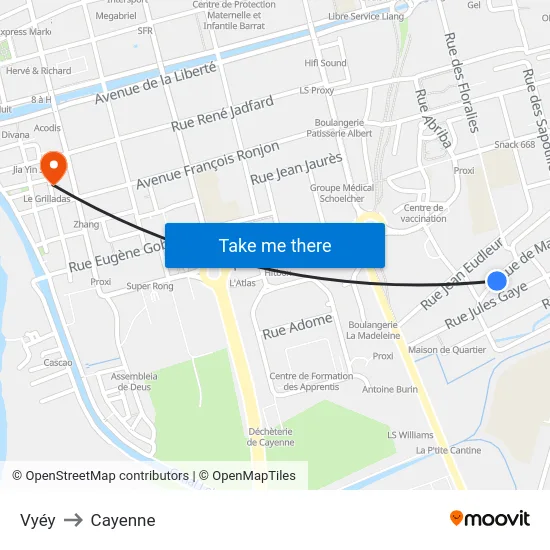 Vyéy to Cayenne map