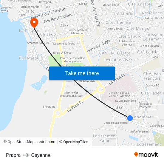Prapra to Cayenne map