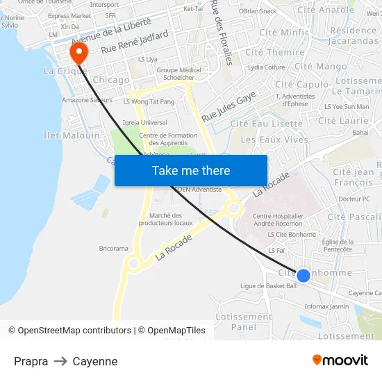 Prapra to Cayenne map