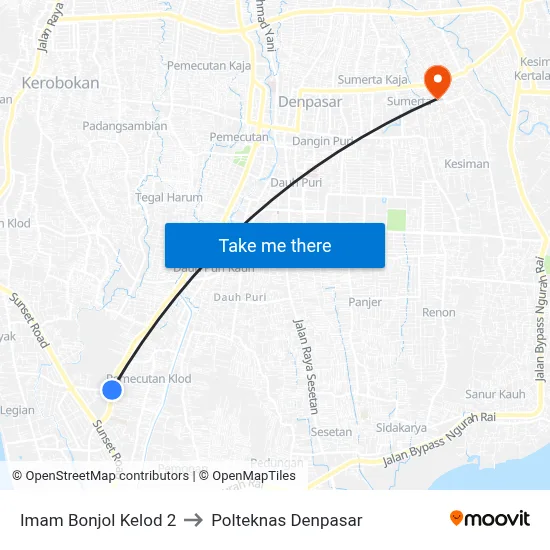 Imam Bonjol Kelod 2 to Polteknas Denpasar map