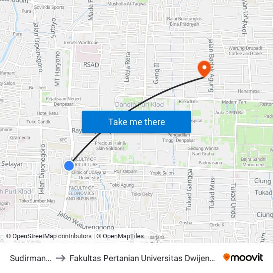 Sudirman 2 to Fakultas Pertanian Universitas Dwijendra map