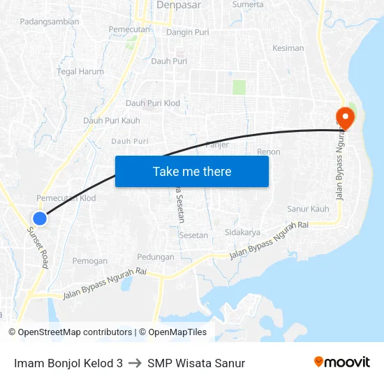 Imam Bonjol Kelod 3 to SMP Wisata Sanur map