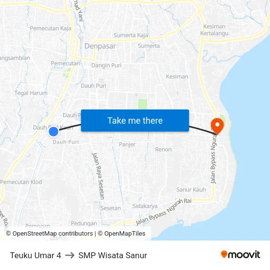 Teuku Umar 4 to SMP Wisata Sanur map