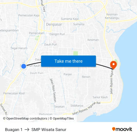 Buagan 1 to SMP Wisata Sanur map