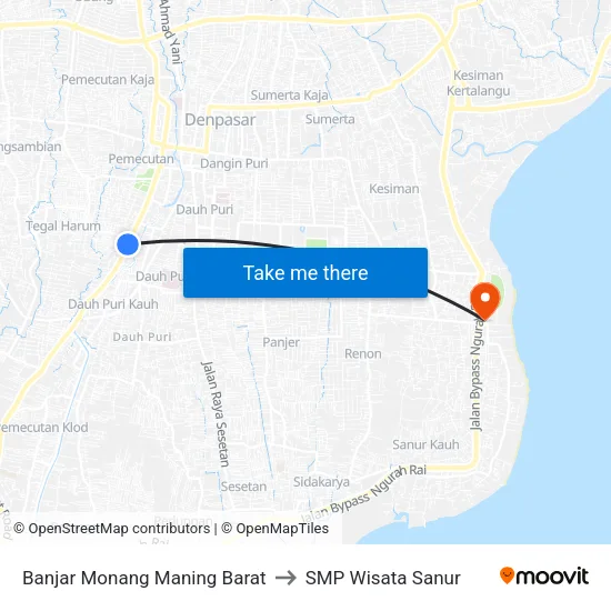Banjar Monang Maning Barat to SMP Wisata Sanur map