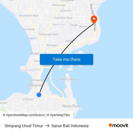 Simpang Unud Timur to Sanur Bali Indonesia map