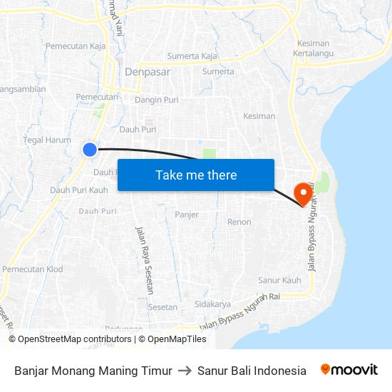 Banjar Monang Maning Timur to Sanur Bali Indonesia map