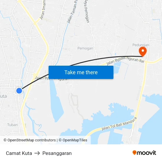 Camat Kuta to Pesanggaran map