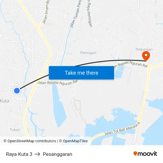 Raya Kuta 3 to Pesanggaran map