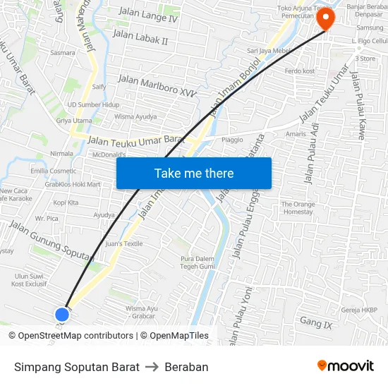 Simpang Soputan Barat to Beraban map
