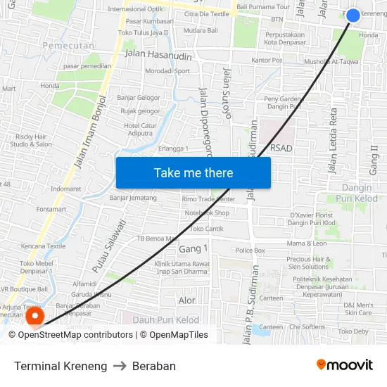 Terminal Kreneng to Beraban map