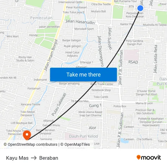 Kayu Mas to Beraban map