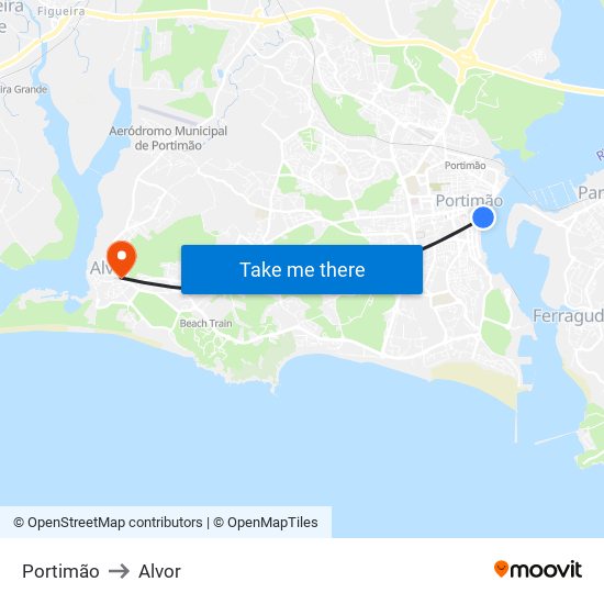 Portimão to Alvor map