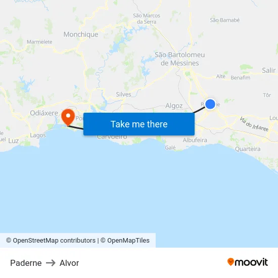 Paderne to Alvor map