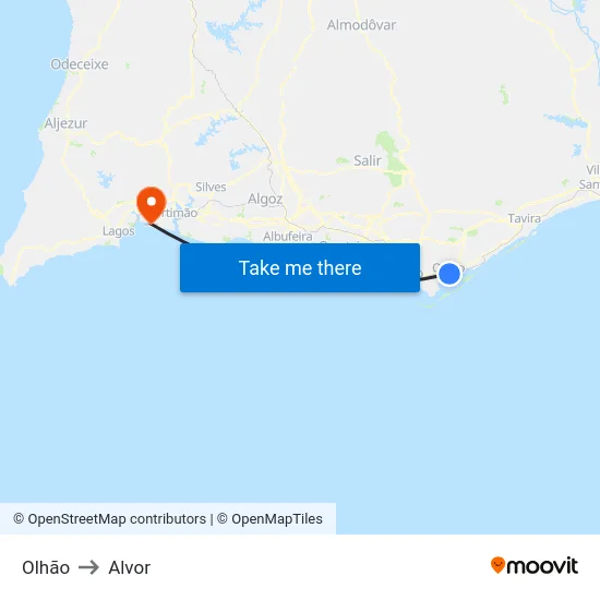 Olhão to Alvor map