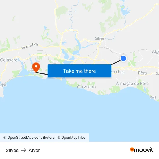 Silves to Alvor map
