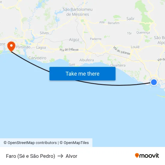Faro (Sé e São Pedro) to Alvor map