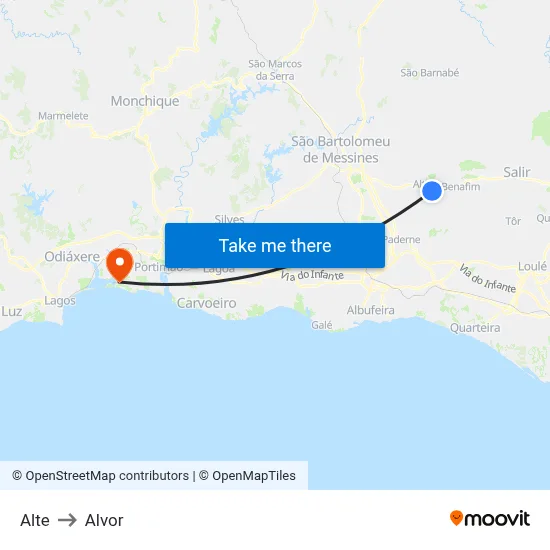 Alte to Alvor map