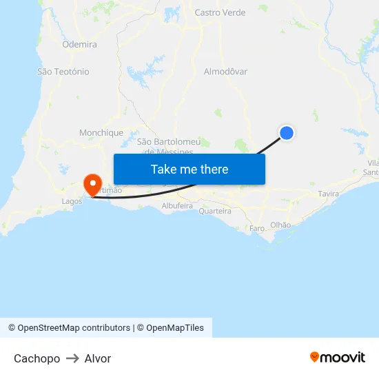 Cachopo to Alvor map