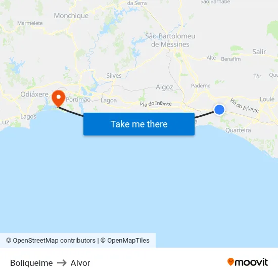 Boliqueime to Alvor map