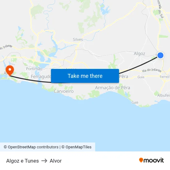 Algoz e Tunes to Alvor map