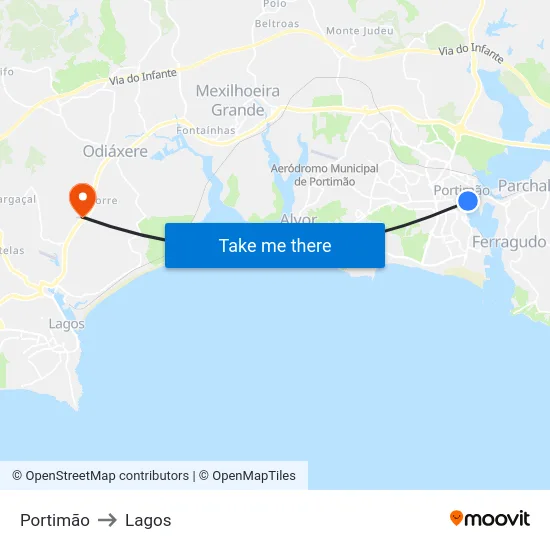 Portimão to Lagos map