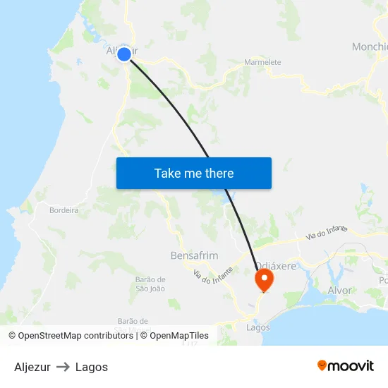 Aljezur to Lagos map