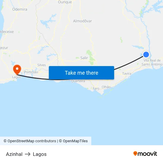 Azinhal to Lagos map