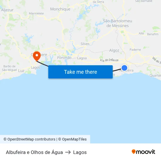 Albufeira e Olhos de Água to Lagos map