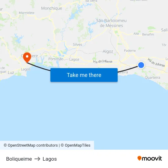 Boliqueime to Lagos map