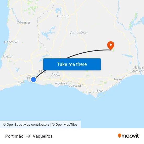 Portimão to Vaqueiros map