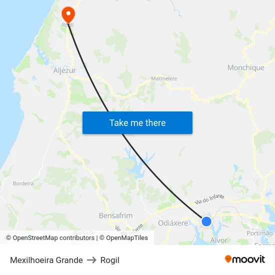 Mexilhoeira Grande to Rogil map