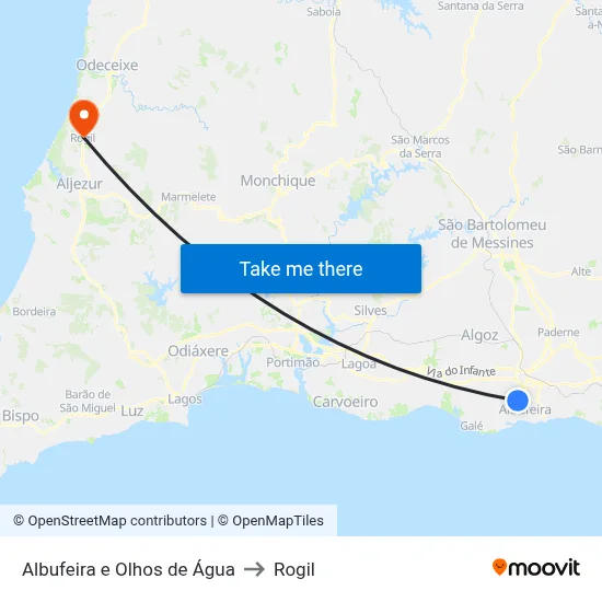 Albufeira e Olhos de Água to Rogil map