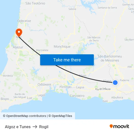 Algoz e Tunes to Rogil map