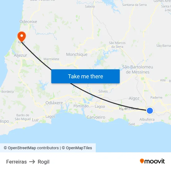 Ferreiras to Rogil map