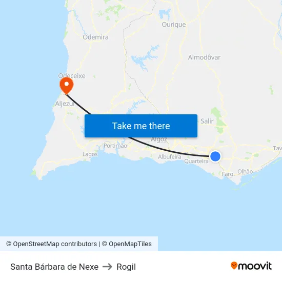 Santa Bárbara de Nexe to Rogil map