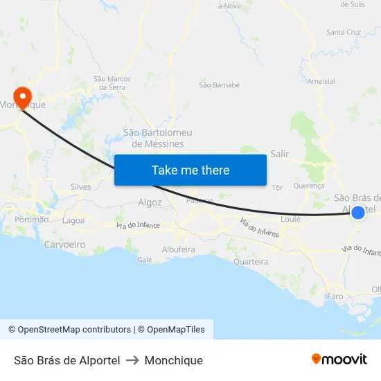 São Brás de Alportel to Monchique map